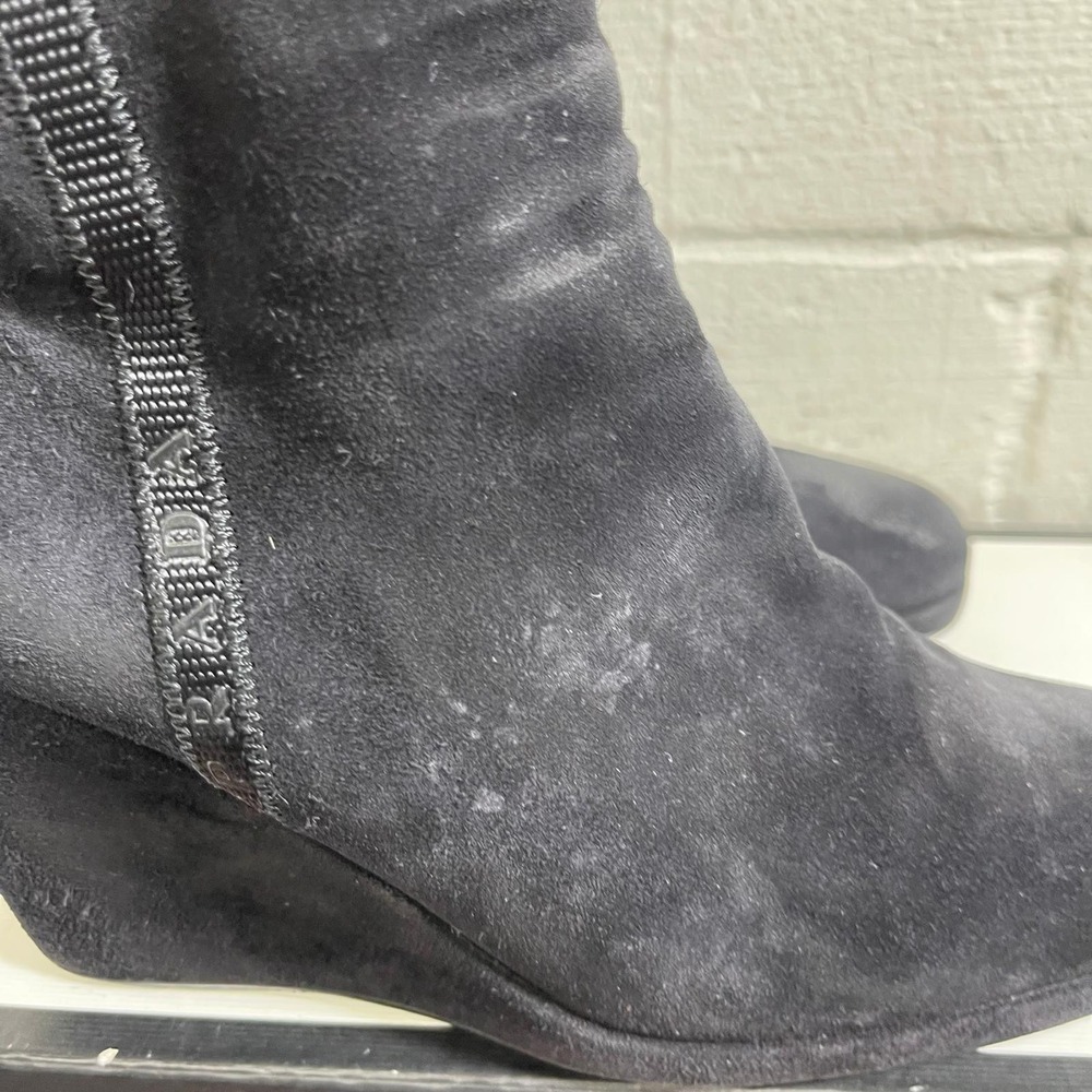 Vintage Prada Wedge Boot Black Suede Zip Side Women's Size 38.5 EU/8.5 US - Picture 6 of 14